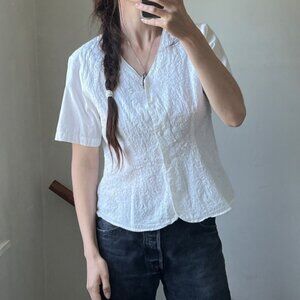 Vintage White Floral Embroidered Button Up Cotton Top Western Cottagecore Blouse